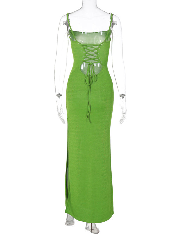 Momnfancy Green Spaghetti Strap Backless Slit Tie Back Baby Shower Party Maternity Slip Dress