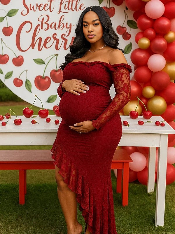Momnfancy Irregular Lace Ruffle Off Shoulder Babyshower Maternity Maxi Dresses