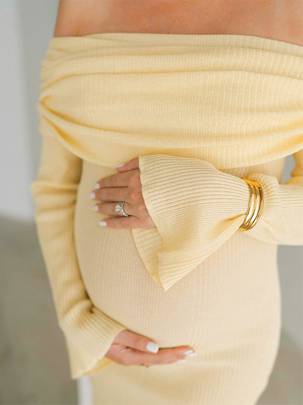 Momnfancy Yellow Knit Off Shoulder Flare Sleeve Mermaid Bodycon Elegant Vacation Photoshoot Baby Shower Maternity Maxi Dress