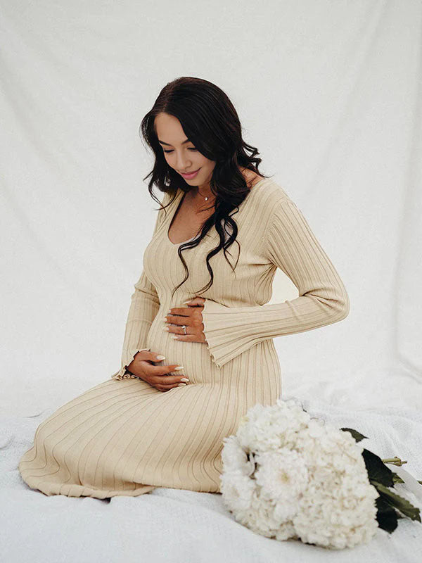 Momnfancy Knit Pleated Big Swing V-neck Plus Size Sweater Elegant Going Out Maternity Photoshoot Baby Shower Maxi Dress