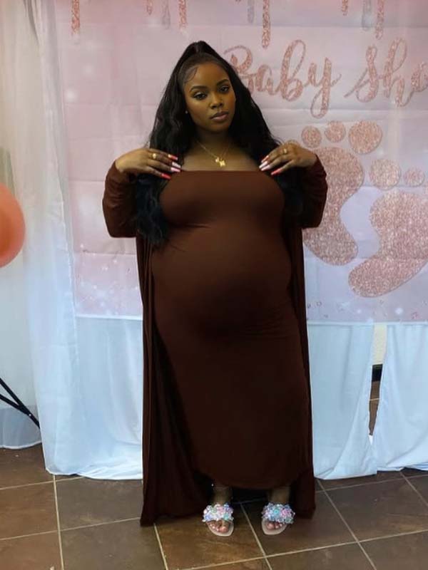 Momnfancy Coffee Bandeau Cardigan 2-in-1 Bodycon Plus Size Baby Shower Maternity Maxi Dress