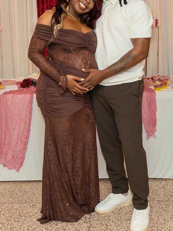 Momnfancy Brown Off Shoulder Lace Ruched Mermaid Bodycon Long Sleeve Baby Shower Maternity Maxi Dress