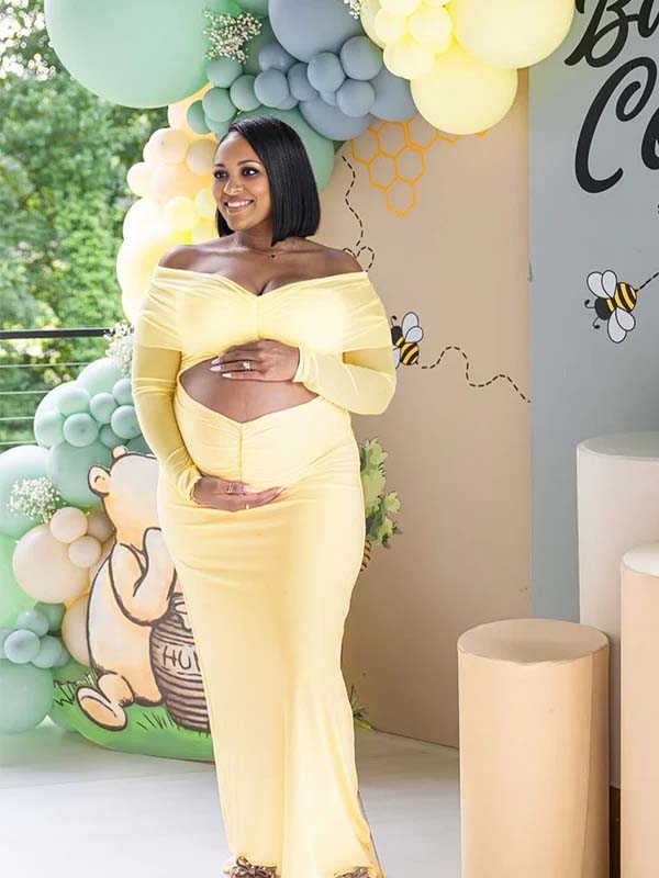 Momnfancy Off Shoulder V-Neck Cut Out Mesh Sheer Crop Ruched Baby Shower Maternity Maxi Dress