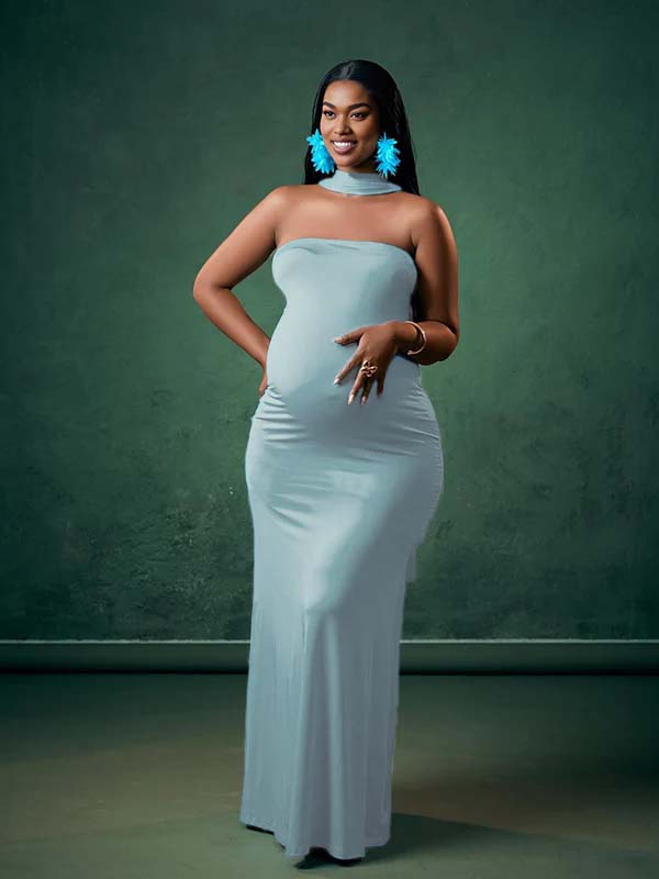Momnfancy Halter Neck Mermaid Bodycon Tube Top Maternity Maxi Dress