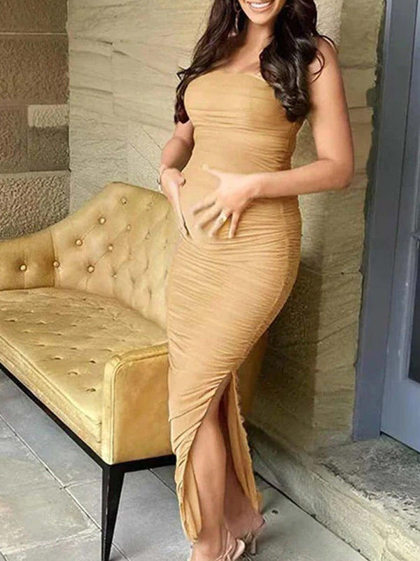 Momnfancy  Apricot Ruched Side Slit Maternity Photoshoot Maxi Dress