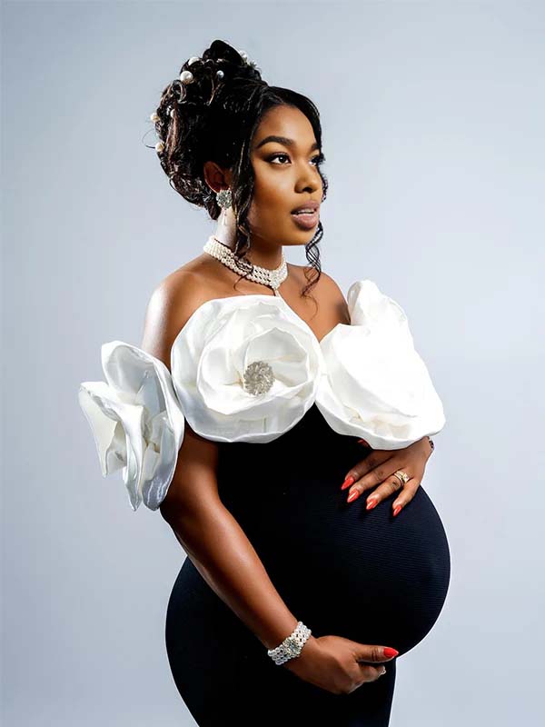 Momnfancy Off-shoulder 3D-flowers Trumpet Maternity Maxi Dresses