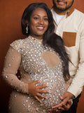 Momnfancy Apricot Diamonds Rhinestone Back Slit Photoshoot Maternity Maxi Dress