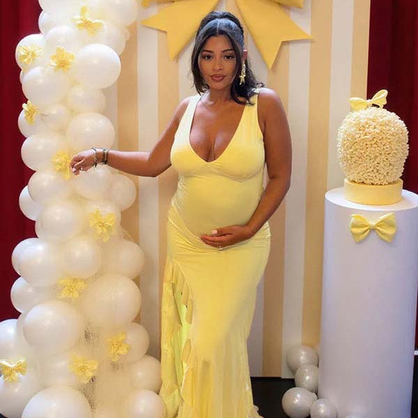 Momnfancy Yellow Mesh Ruffle Side Slit Bodycon Baby Shower Maternity Maxi Dress