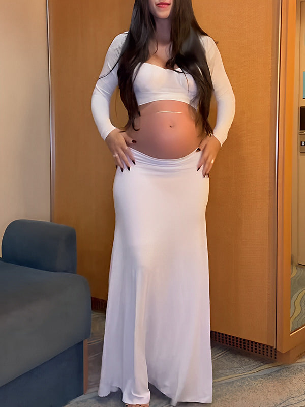 Momnfancy White Belly Friendly 2 Piece Bandeau Open belly Babyshower Maternity Maxi Dress