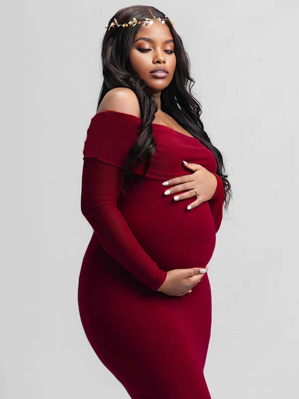 Momnfancy Wine Red Off Shoulder Backless Cut Out Mermaid Long Sleeve Bodycon Photoshoot Maternity Maxi Dress