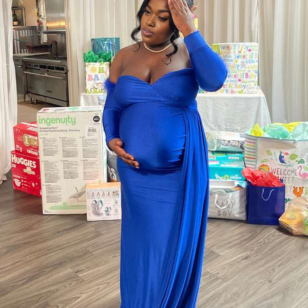 Momnfancy Off Shoulder Feather Side Slit Babyshower Maternity Maxi Dress