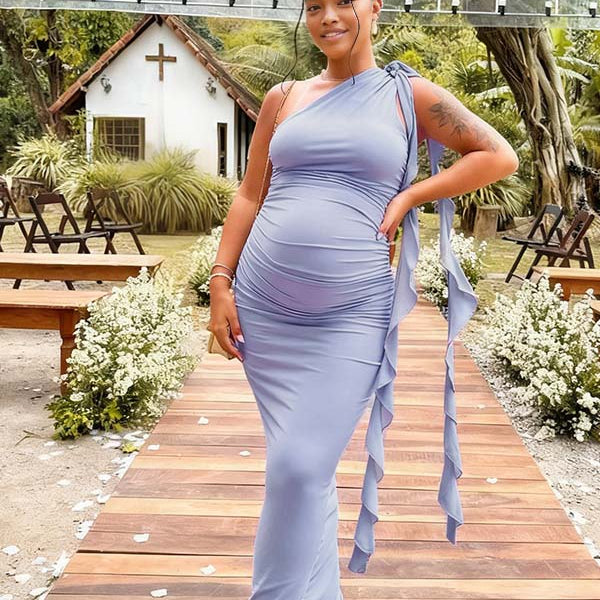 Momnfancy Halter Neck Ribbon Bodycon Ruched Baby Shower Maternity Maxi Dress