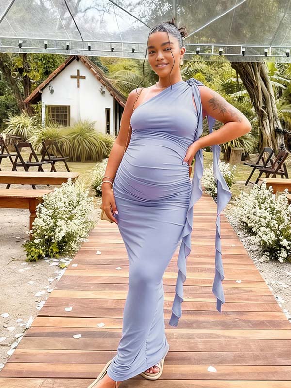 Momnfancy Halter Neck Ribbon Bodycon Ruched Baby Shower Maternity Maxi Dress