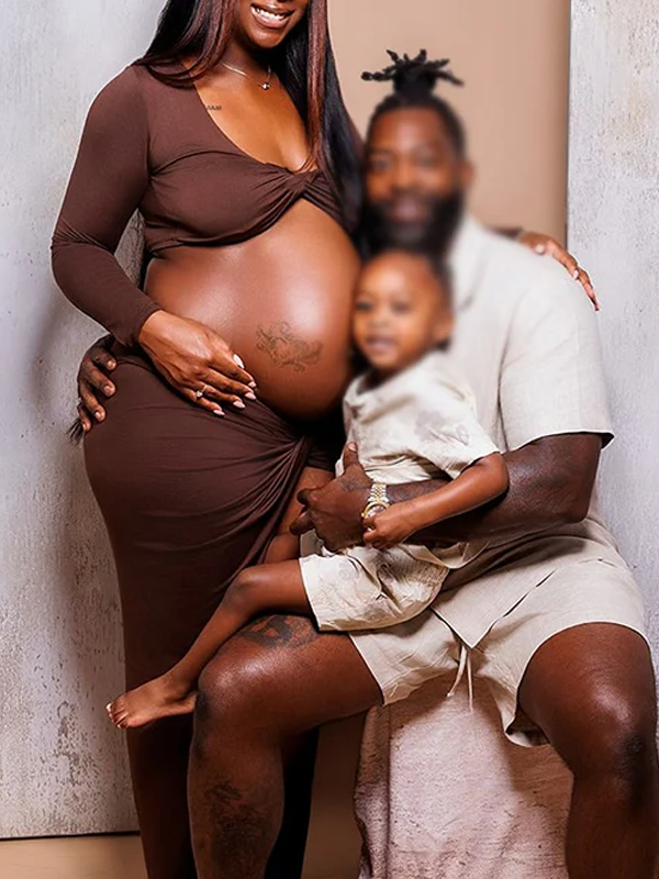 Momnfancy Brown Off Shoulder Cross Front Crop Side Slit 2-in-1 Photoshoot Maternity Maxi Dress