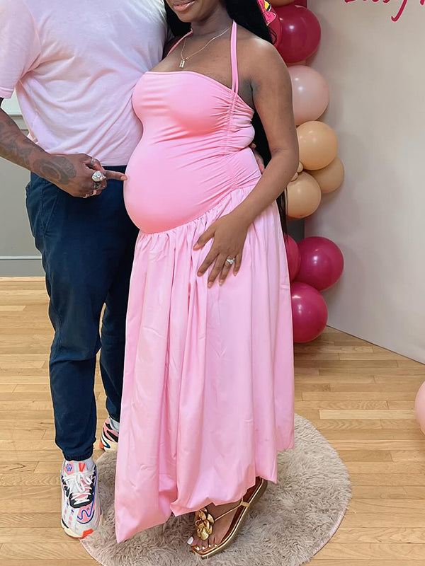 Momnfancy Ruched Adjustable Strap Big Swing Babyshower Maternity Maxi Dress