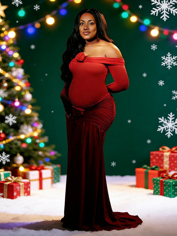 Momnfancy Christmas Off Shoulder Ruffle Boat Neck 3D-flowers Bodycon Photoshoot Maternity Maxi Dresses