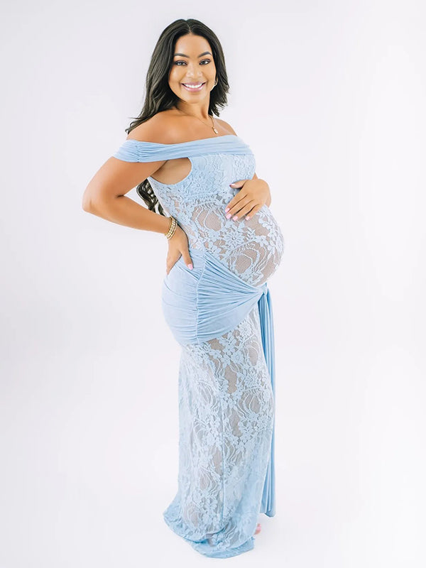 Momnfancy Draped Mermaid Bodycon Lace-up Lace Off-shoulder Party Photoshoot Maternity Maxi Dress