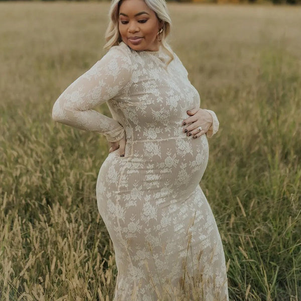 Momnfancy White Lace Ruffle Mermaid Long Sleeve Bodycon Elegant Boho Photoshoot Maternity Maxi Dress