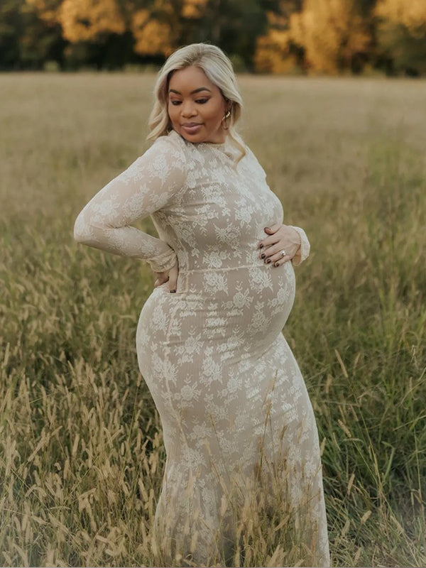 Momnfancy White Lace Ruffle Mermaid Long Sleeve Bodycon Elegant Boho Photoshoot Maternity Maxi Dress