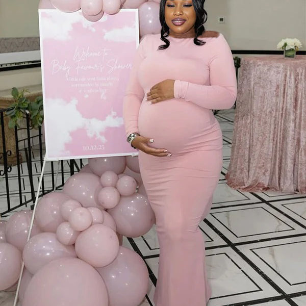 Momnfancy Pink Asymmetrical Bodycon Long Sleeve Basic Plus Size Baby Shower Maternity Maxi Dress
