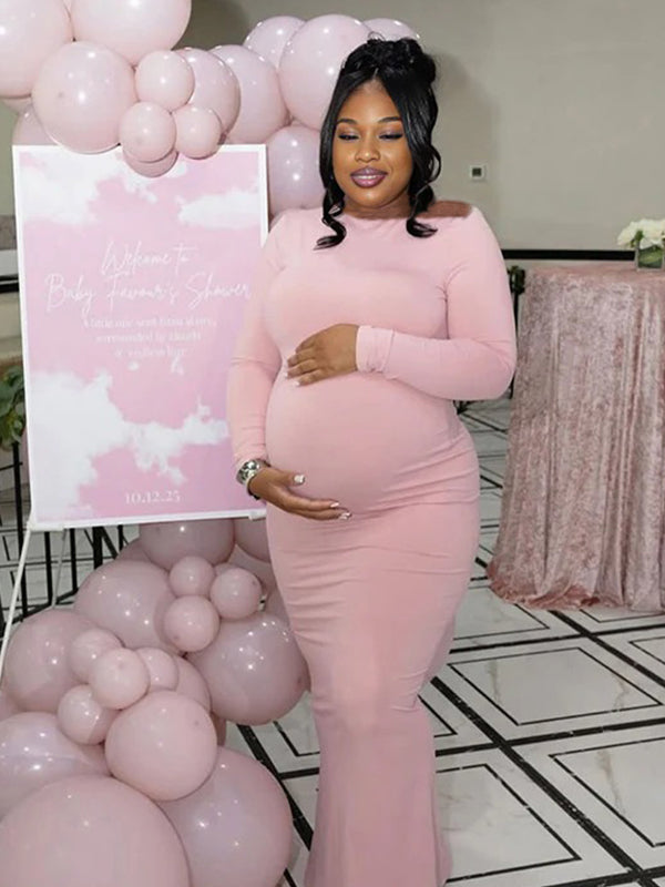 Momnfancy Pink Asymmetrical Bodycon Long Sleeve Basic Plus Size Baby Shower Maternity Maxi Dress