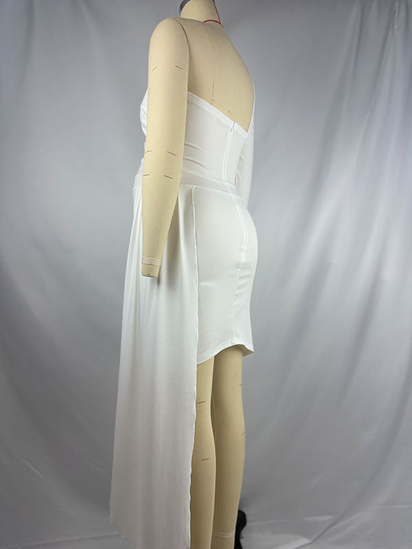 Momnfancy White Oblique Shoulder Irregular Side Draped Bodycon Backless Party Baby Shower Maternity Mini Dress