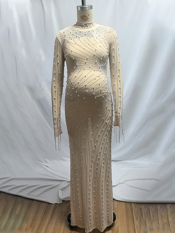 Momnfancy Apricot Mesh Rhinestone Tassel Bodycon Plus Size Photoshoot Maternity Maxi Dress