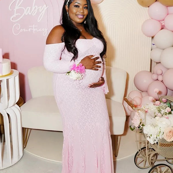 Momnfancy Pink Off Shoulder Bodycon Flare Long Sleeve Lace Mermaid Maternity Maxi Dress