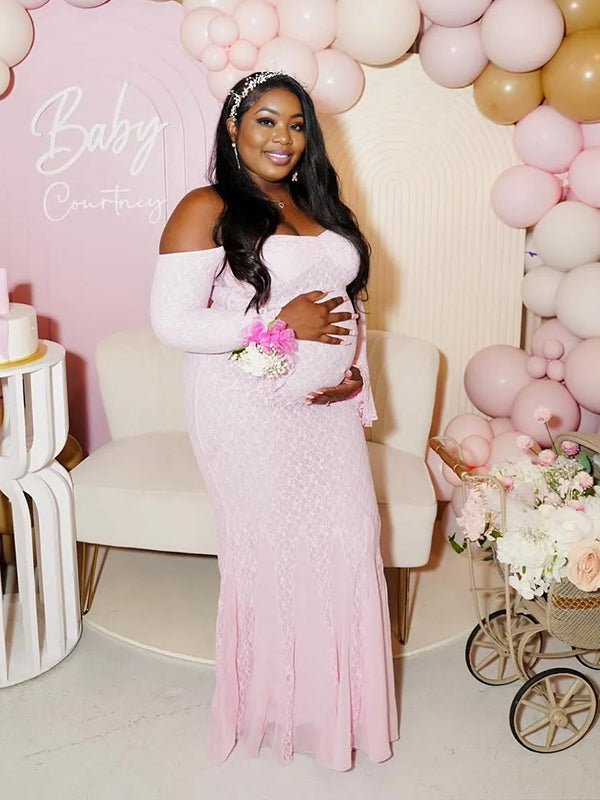Momnfancy Pink Off Shoulder Bodycon Flare Long Sleeve Lace Mermaid Maternity Maxi Dress