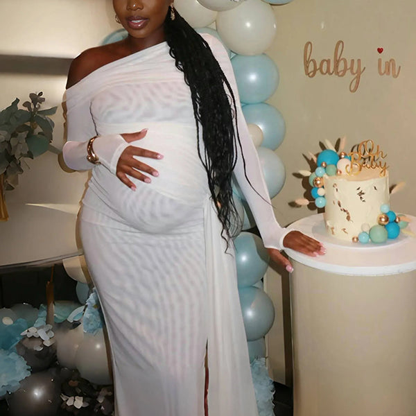 Momnfancy White Mesh Irregular Ruched Draped Off Shoulder Bodycon Baby Shower Maternity Maxi Dress