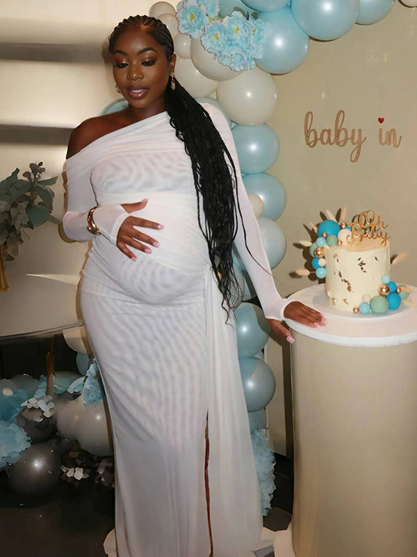 Momnfancy White Mesh Irregular Ruched Draped Off Shoulder Bodycon Baby Shower Maternity Maxi Dress