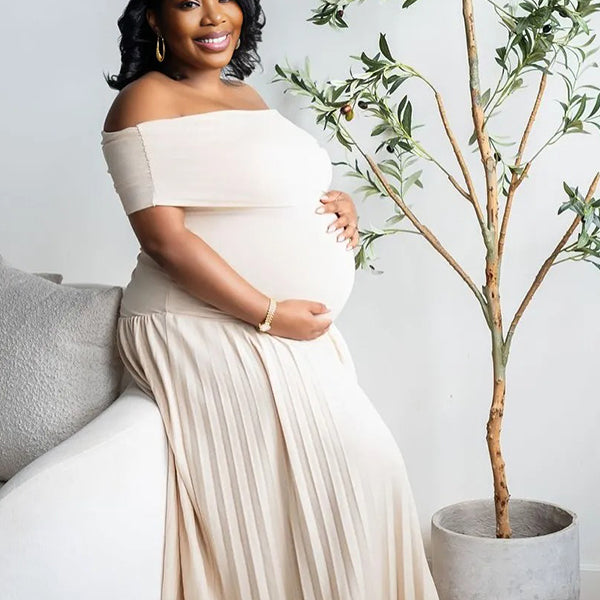 Momnfancy Apricot Off Shoulder Ruched Pleated Plus Size Cap Sleeve Photoshoot Maternity Maxi Dress
