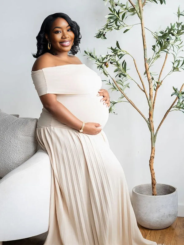 Momnfancy Apricot Off Shoulder Ruched Pleated Plus Size Cap Sleeve Photoshoot Maternity Maxi Dress