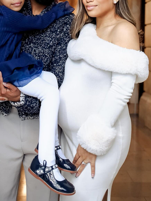 Momnfancy Off Shoulder Irregular Side Slit Bodycon Fur Splicing Christmas Party Gown Babyshower Maternity Maxi Dress