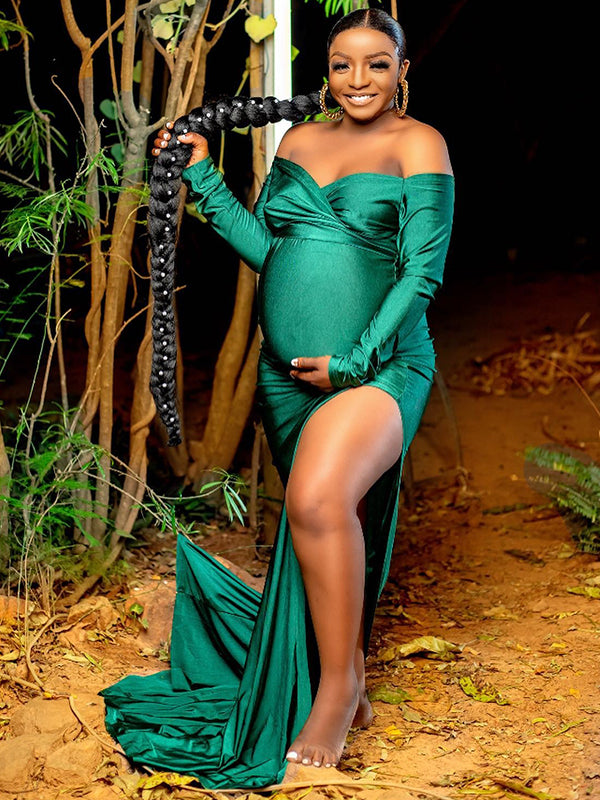 Momnfancy Green Off Shoulder Side Slit Banquet Photo Gown Photoshoot Maternity Evening Maxi Dress