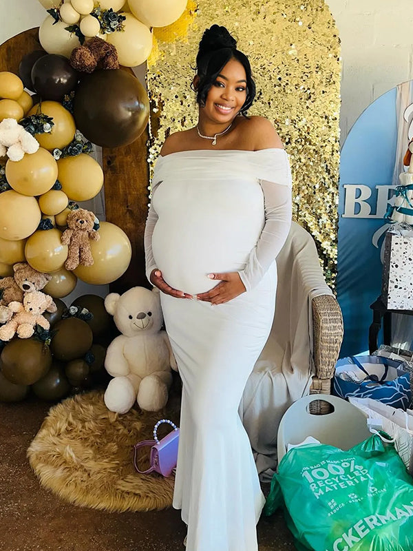 Momnfancy Boat Neck Mermaid Solid Color Bodycon Baby Shower Maternity Maxi Dress