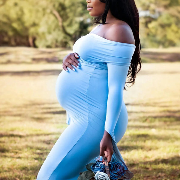 Momnfancy Boat Neck Flare Sleeve Maternity Maxi Dresses