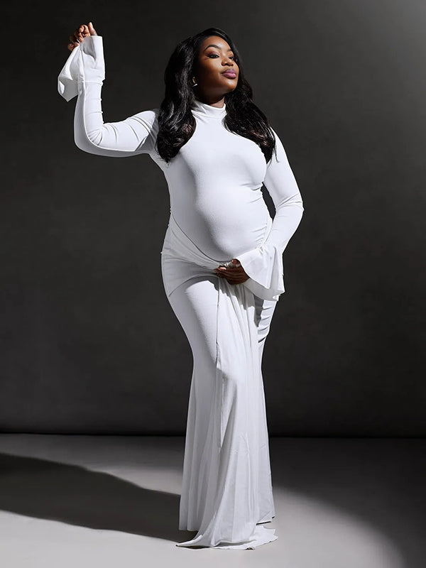 Momnfancy White Ruched Draped Lace-up Flare Sleeve Mermaid Bodycon Photoshoot Maternity Maxi Dress