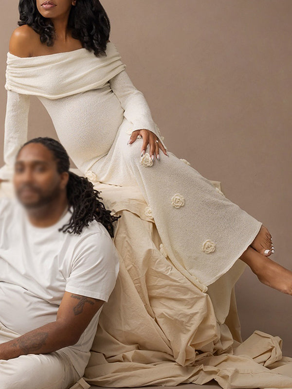 Momnfancy White Off Shoulder 3D Flowers Knitting SweaterLong Sleeve Bodycon Photoshoot Maternity Maxi Dress