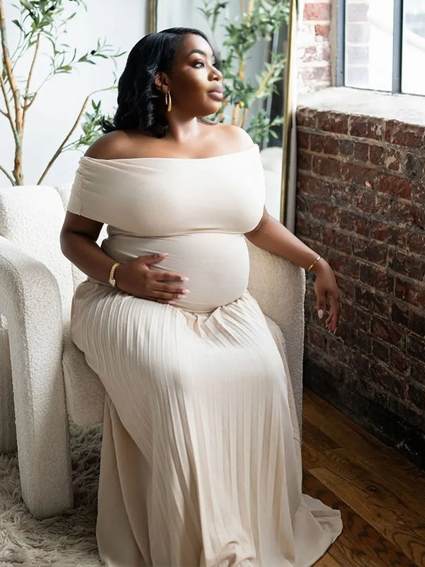 Momnfancy Apricot Off Shoulder Ruched Pleated Plus Size Cap Sleeve Photoshoot Maternity Maxi Dress