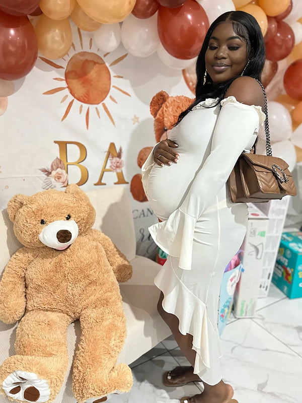 Momnfancy Beige Off Shoulder Ruffle Ruched Slit Bodycon Mermaid Irregular Long Sleeve Baby Shower Maternity Maxi Dress