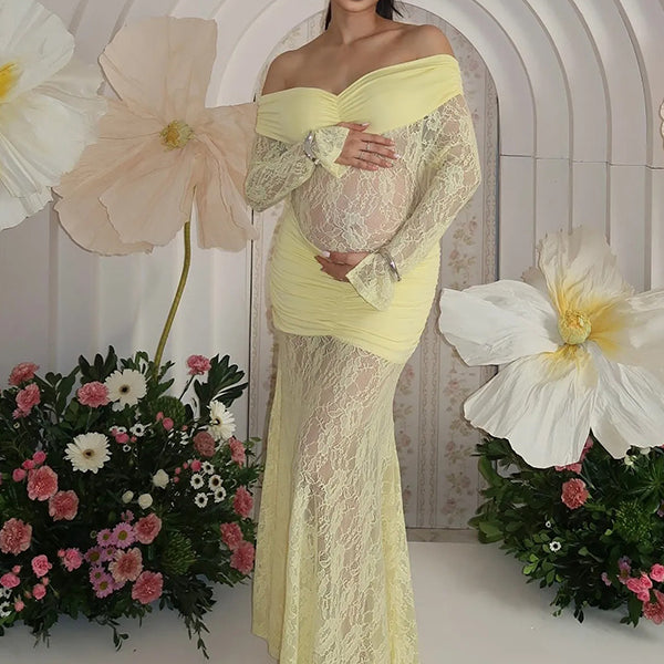 Momnfancy Boat Neck Mermaid Bodycon Sheer Ruched Lace Maternity Maxi Dress