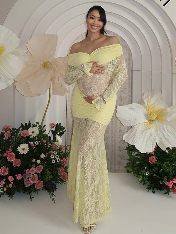Momnfancy Boat Neck Mermaid Bodycon Sheer Ruched Lace Maternity Maxi Dress