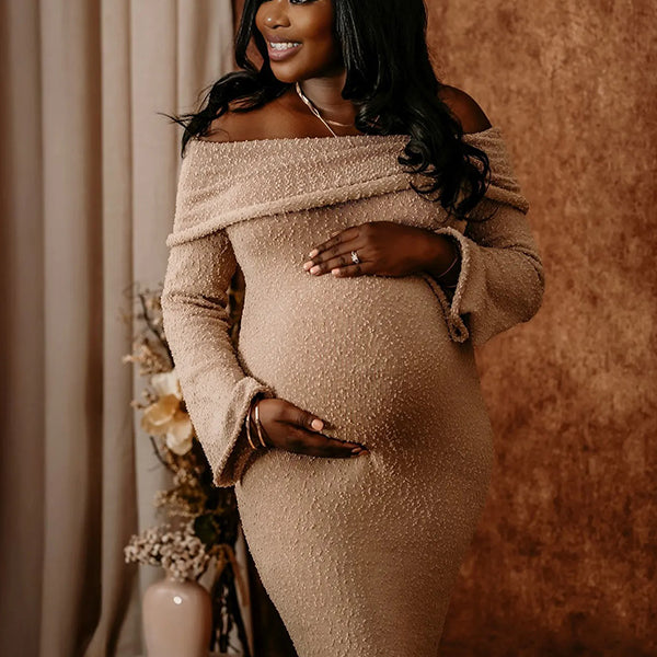 Momnfancy Solid Color Off Shoulder Knitwear Bodycon Baby Shower Maternity Maxi Dress