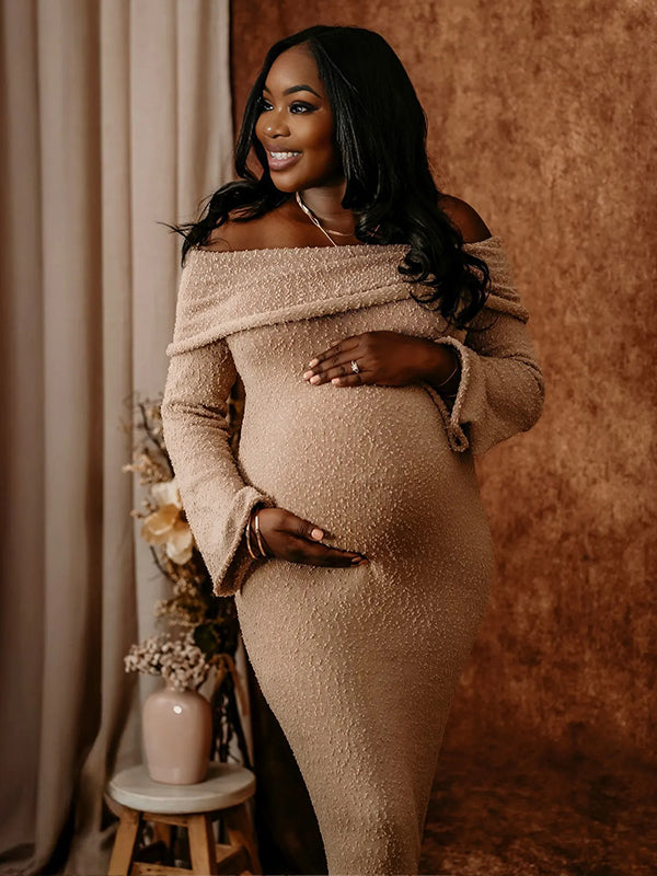 Momnfancy Solid Color Off Shoulder Knitwear Bodycon Baby Shower Maternity Maxi Dress