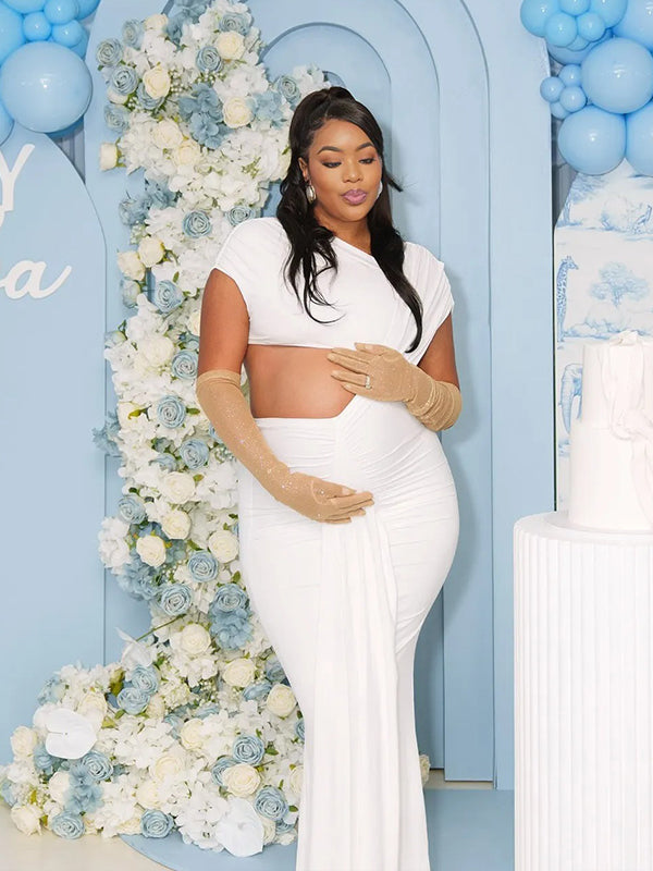 Momnfancy Irregular Ruched Ruffle Falbala Draped Bodycon Baby Shower Maternity Maxi Dress