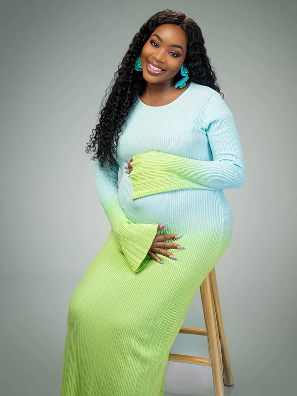 Momnfancy Light Blue Hit Color Flare Sleeve Mermaid Elegant Photoshoot Baby Shower Maternity Maxi Sweater Dress