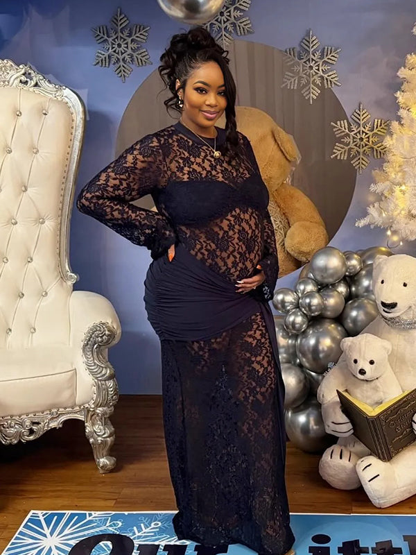 Momnfancy Black Lace Twist Draped Sheer Mermaid Ruche Bodycon Long Sleeve Party Baby Shower Maternity Maxi Dress