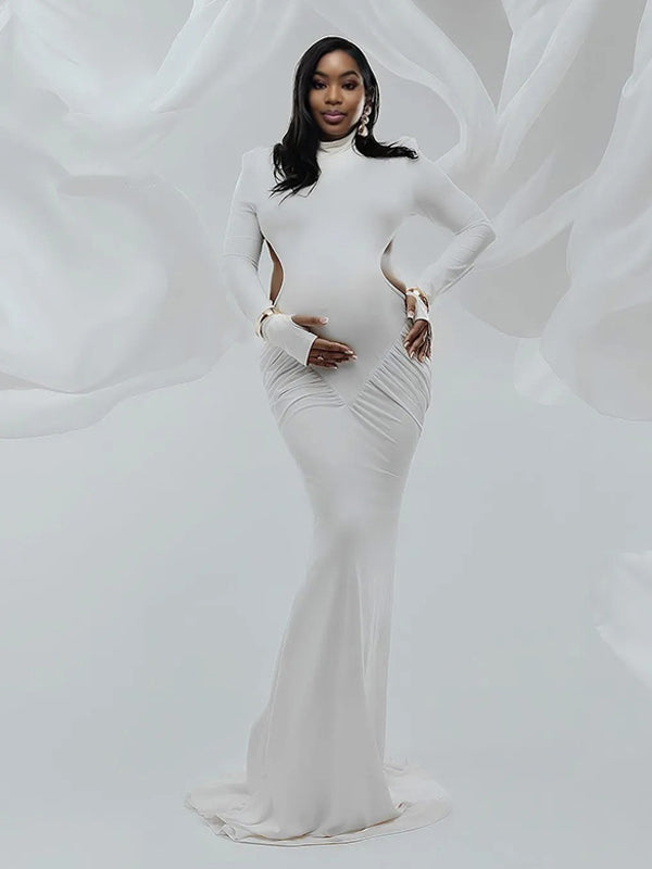 Momnfancy Ruched Cut Out Backless Long Sleeve Cut Out Mermaid Elegant Photoshoot Maternity Maxi Dress