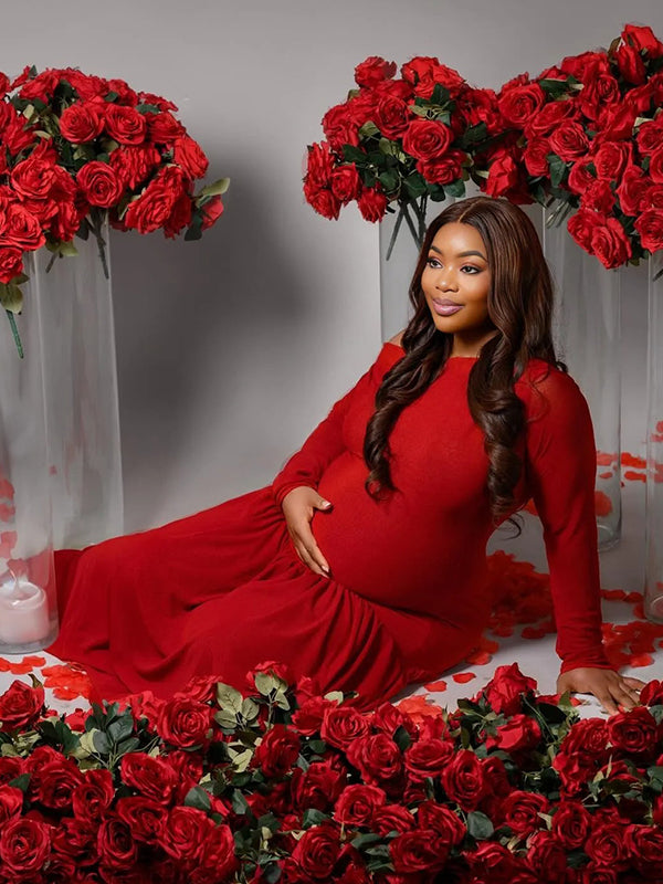 Momnfancy Red Ruched Long Sleeve Bodycon Christmas Photoshoot Maternity Maxi Dress